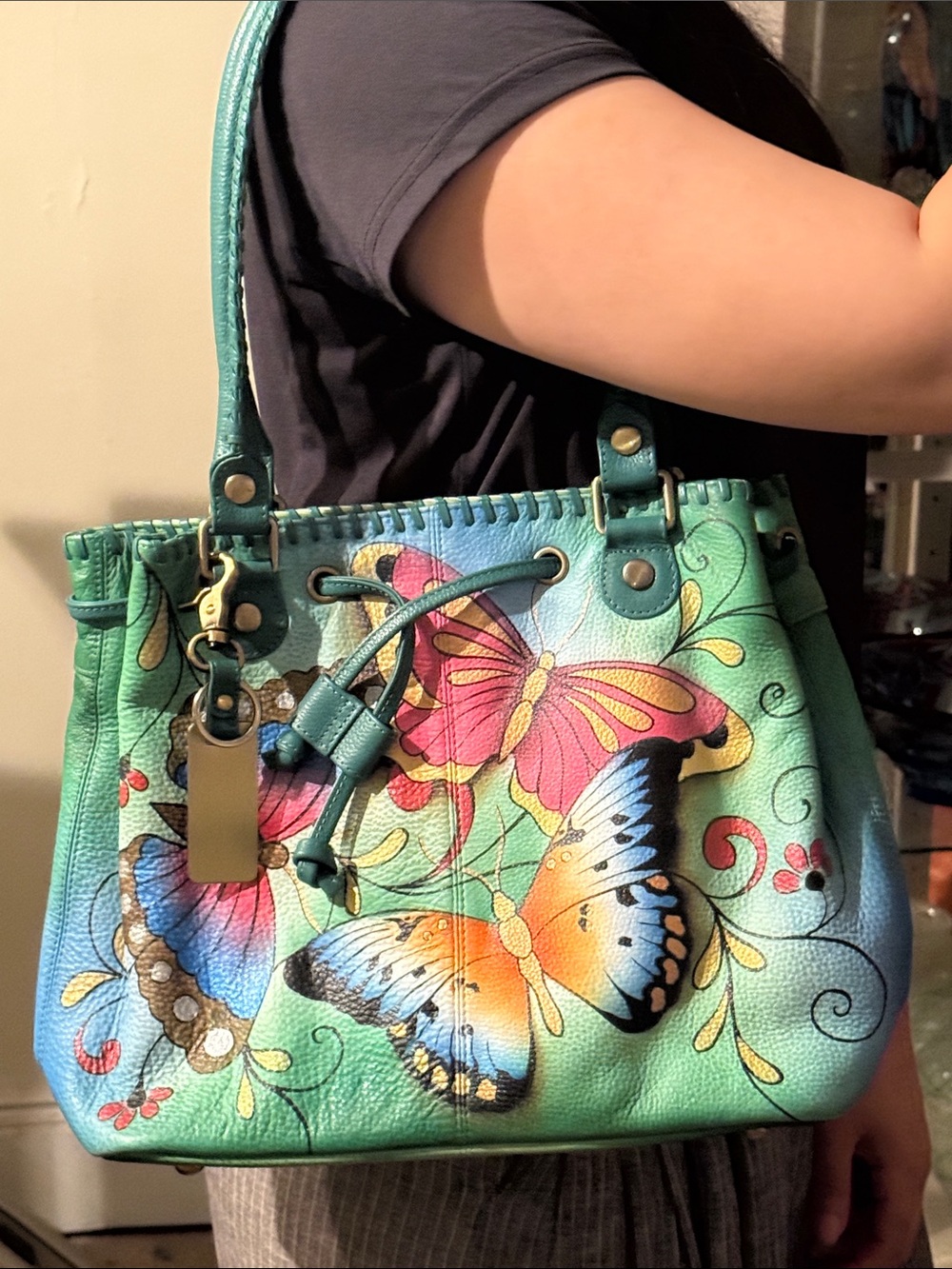 Anuschka Teal Hand-Painted Butterfly Shoulder Bag with Pink & Orange Accents